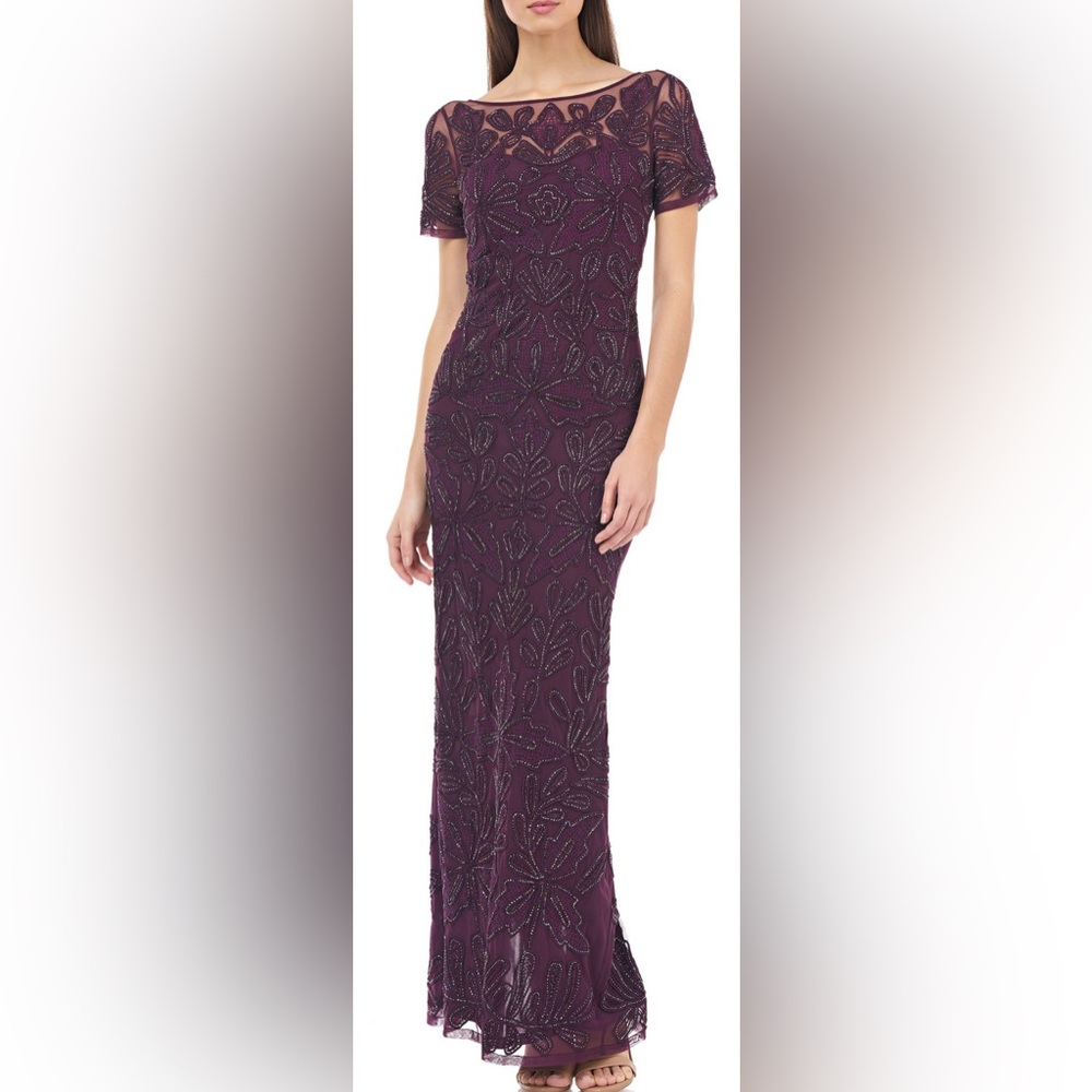 J’s Collections Size 10 Beaded Soutache Evening Gown Dark Plum Short Sle…